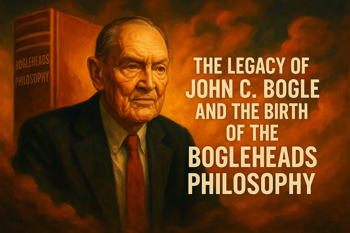 Bogleheads philosophy - Digital illustration of John C. Bogle surrounded by ETFs, index funds, and global market symbols