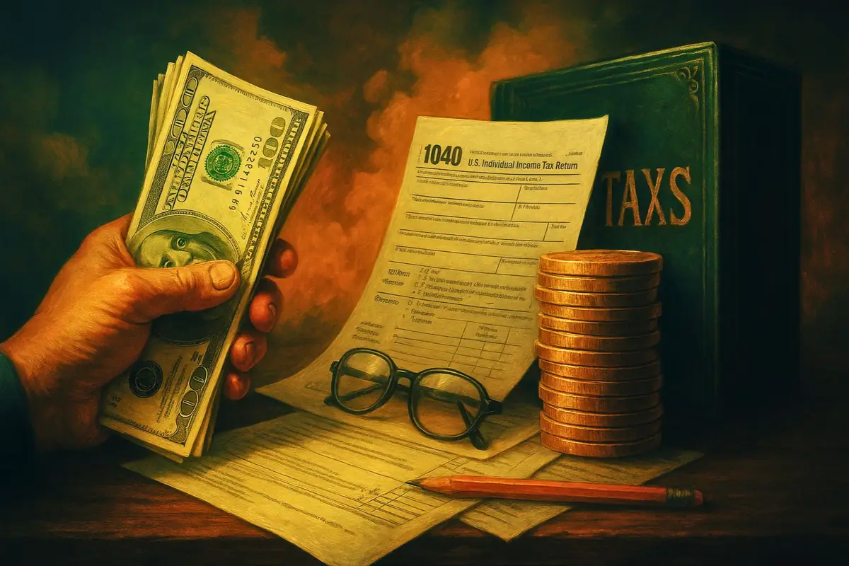 save money on taxes in the USA A hand holding a stack of hundred-dollar bills beside a 1040 U.S. tax form, a book labeled "TAXES", gold coins, eyeglasses, and a pencil on a wooden desk — symbolizing legal tax-saving strategies in the USA.