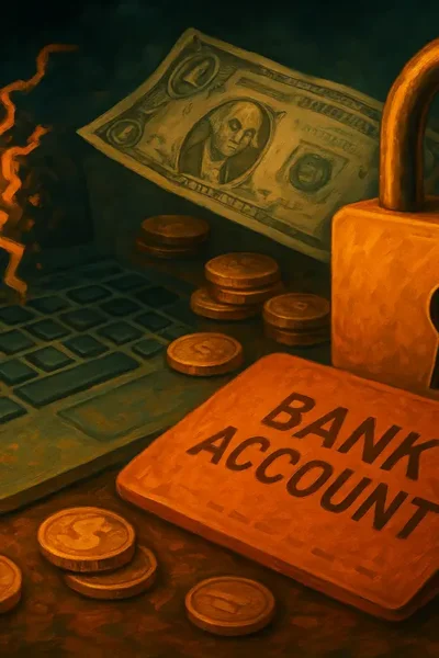 A padlock, digital bank account, and coins symbolizing the financial risk of a data breach and password leak