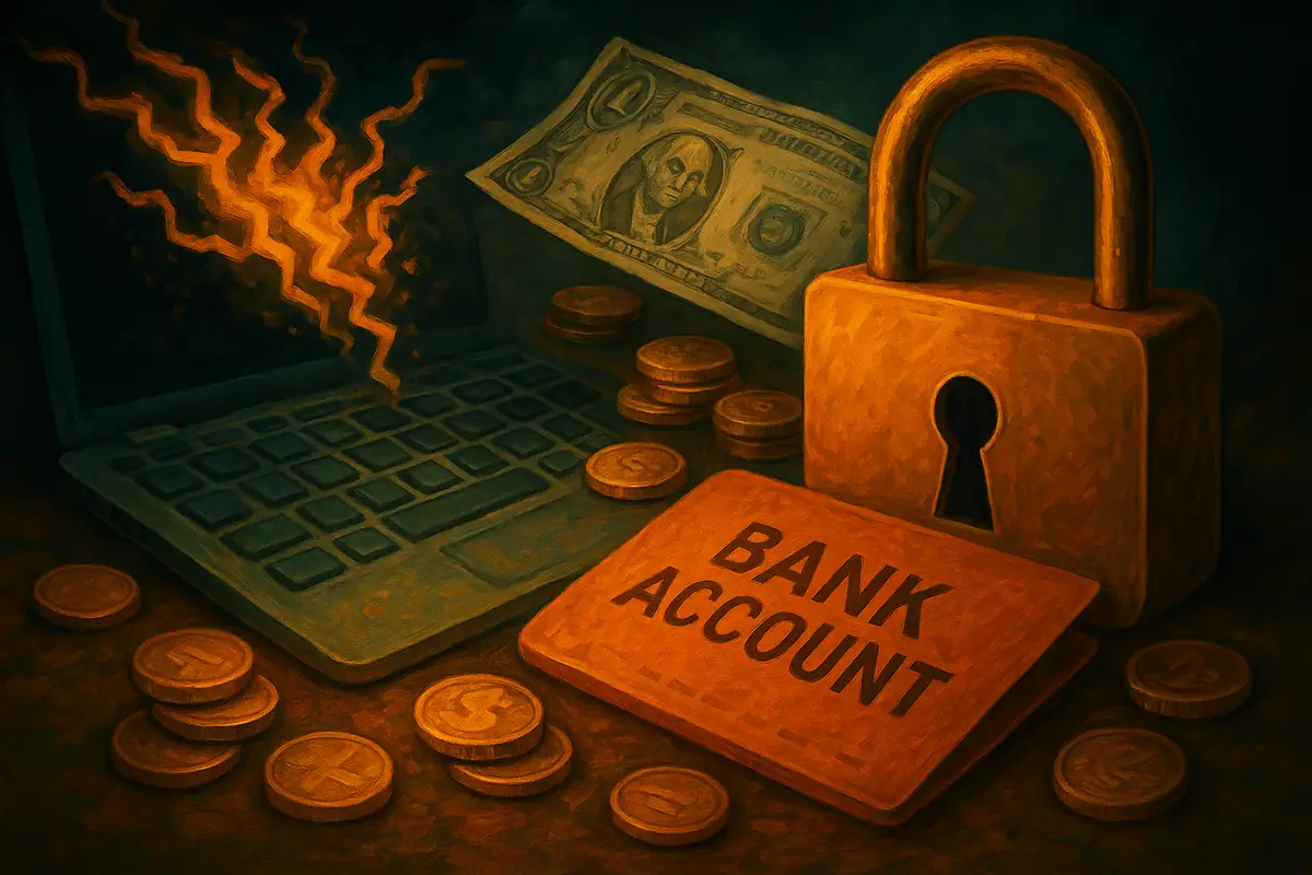 A padlock, digital bank account, and coins symbolizing the financial risk of a data breach and password leak