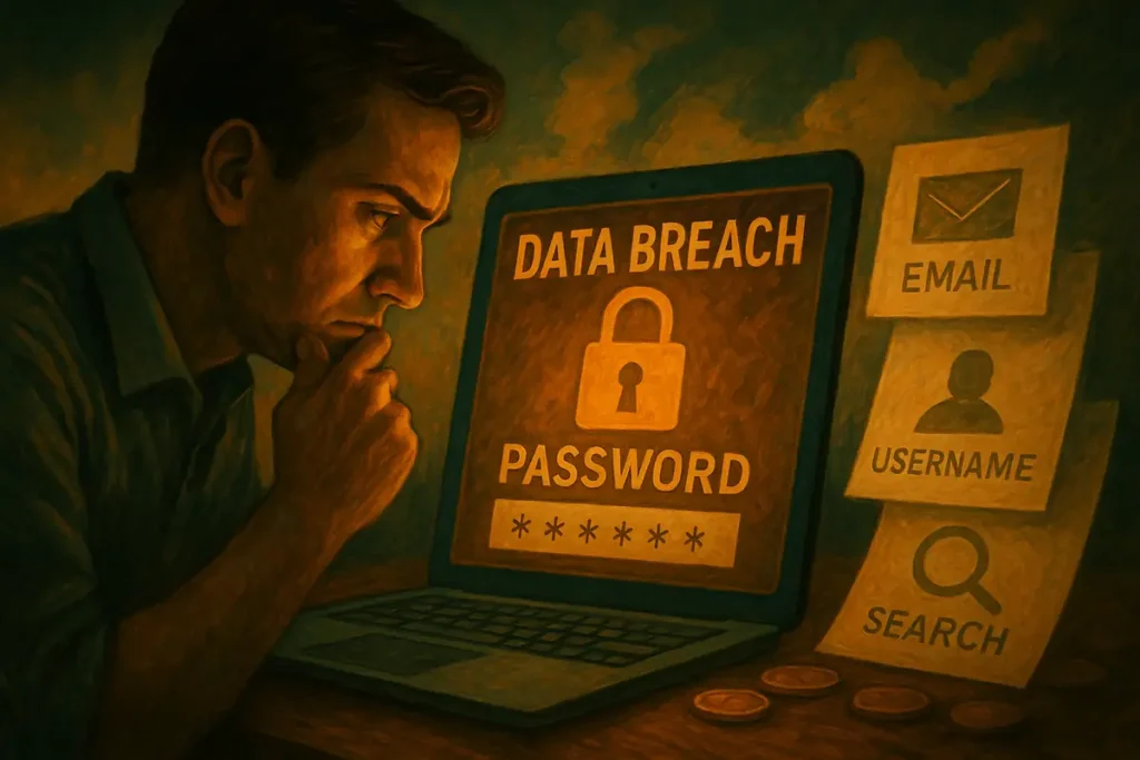Data Breach: 3 Ways a Password Leak Can Drain Your Bank Account 3 Concerned man examining a laptop screen showing data breach alerts and compromised passwords