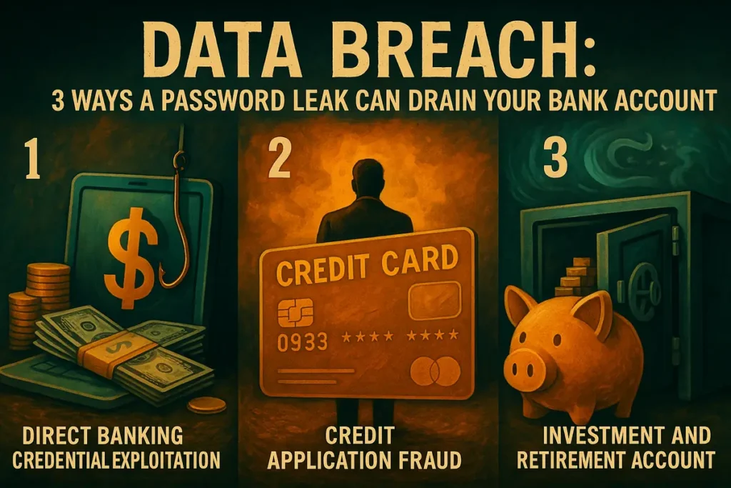 Data Breach: 3 Ways a Password Leak Can Drain Your Bank Account 2 Illustration showing direct banking credential exploitation, credit application fraud, and investment account takeover due to password leaks